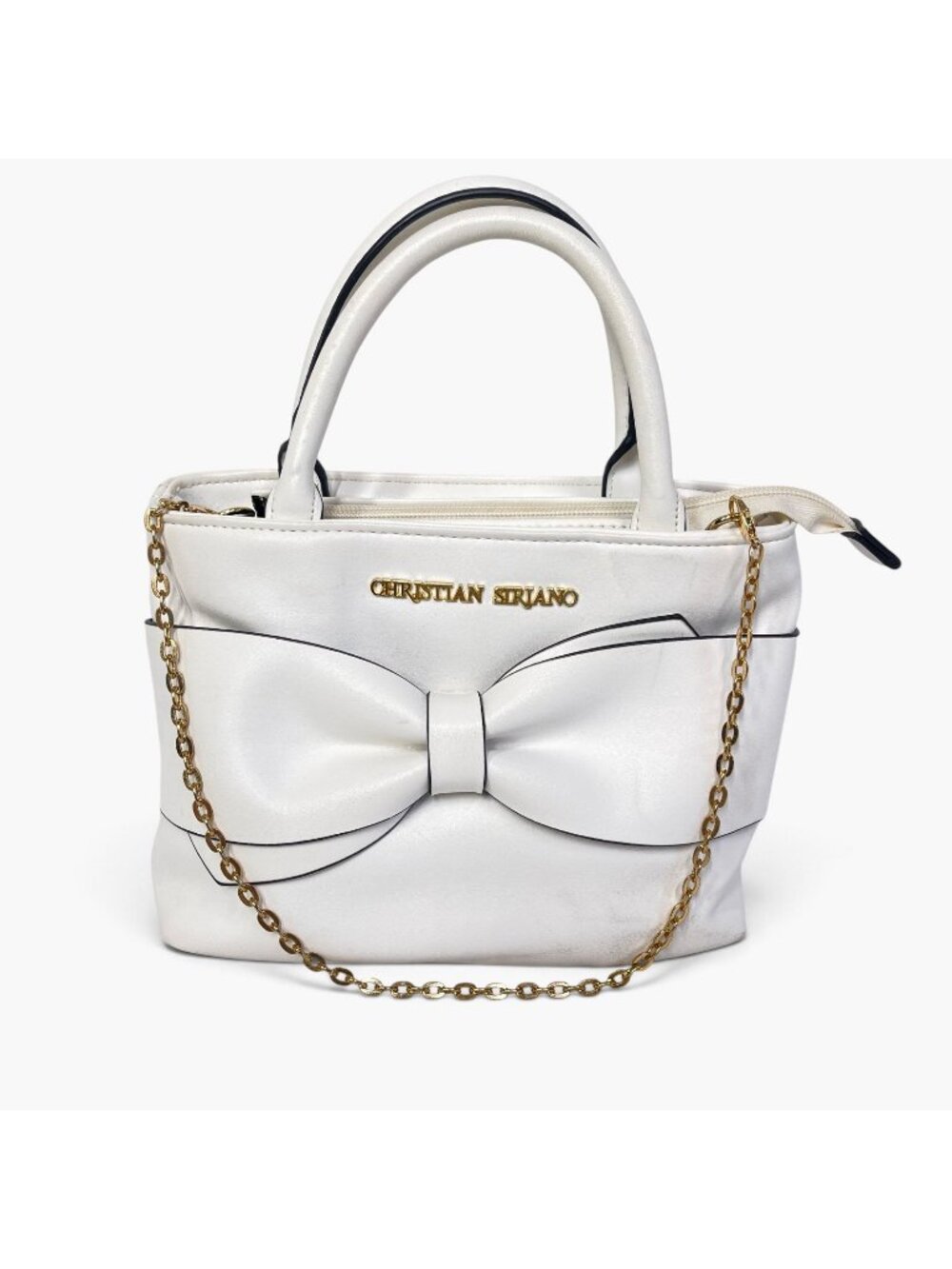Christian Siriano White Bow Handbag With Gold Chain Strap And Striped Interior